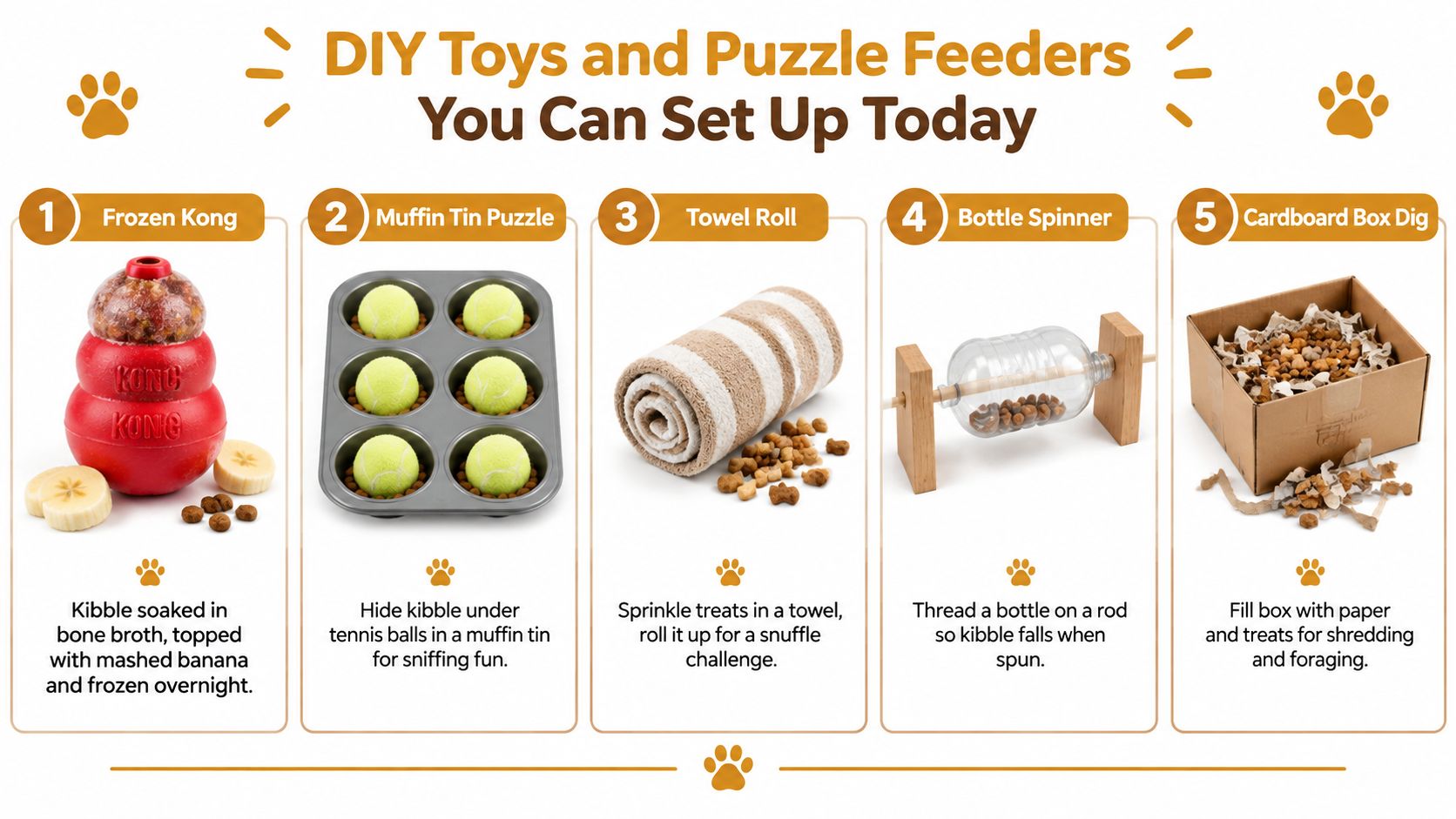 An infographic showing five DIY dog enrichment toys, including a frozen Kong, muffin tin puzzle, and bottle spinner.