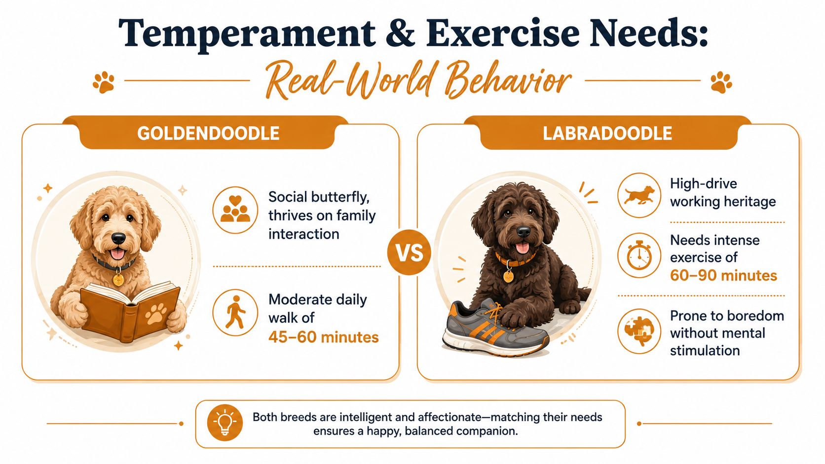 A comparison infographic detailing the temperament and exercise requirements for Goldendoodle and Labradoodle dog breeds.