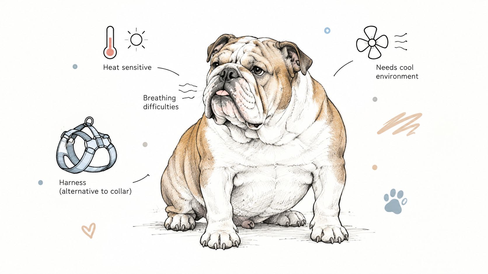 An illustration of an English Bulldog highlighting health concerns like breathing difficulties and sensitivity to heat.