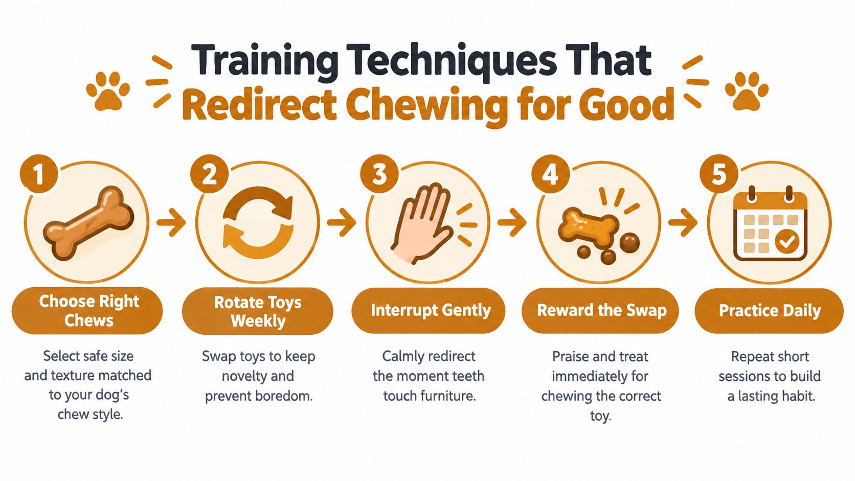 A five-step infographic guide on effective training techniques to stop dogs from chewing household furniture.