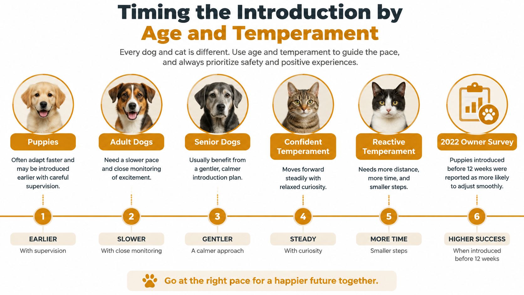 Un'infografica sulla sequenza temporale che illustra come presentare cani e gatti in base a fattori di età e temperamento.