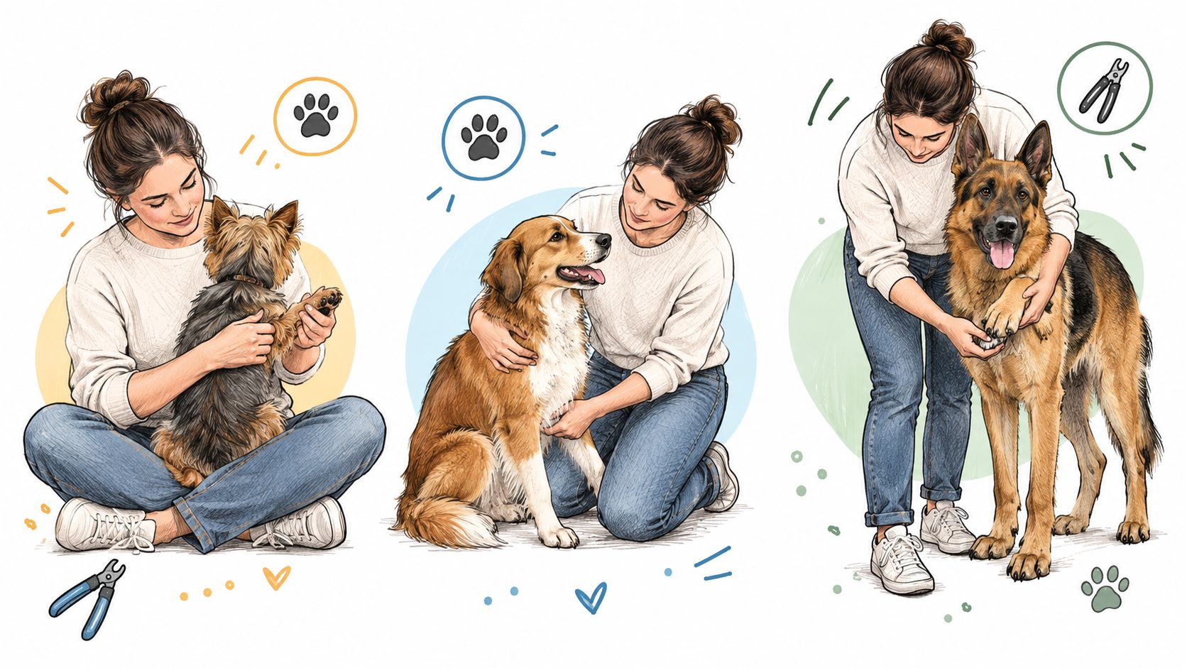 A woman demonstrating the step-by-step process of trimming nails for three different breeds of dogs.