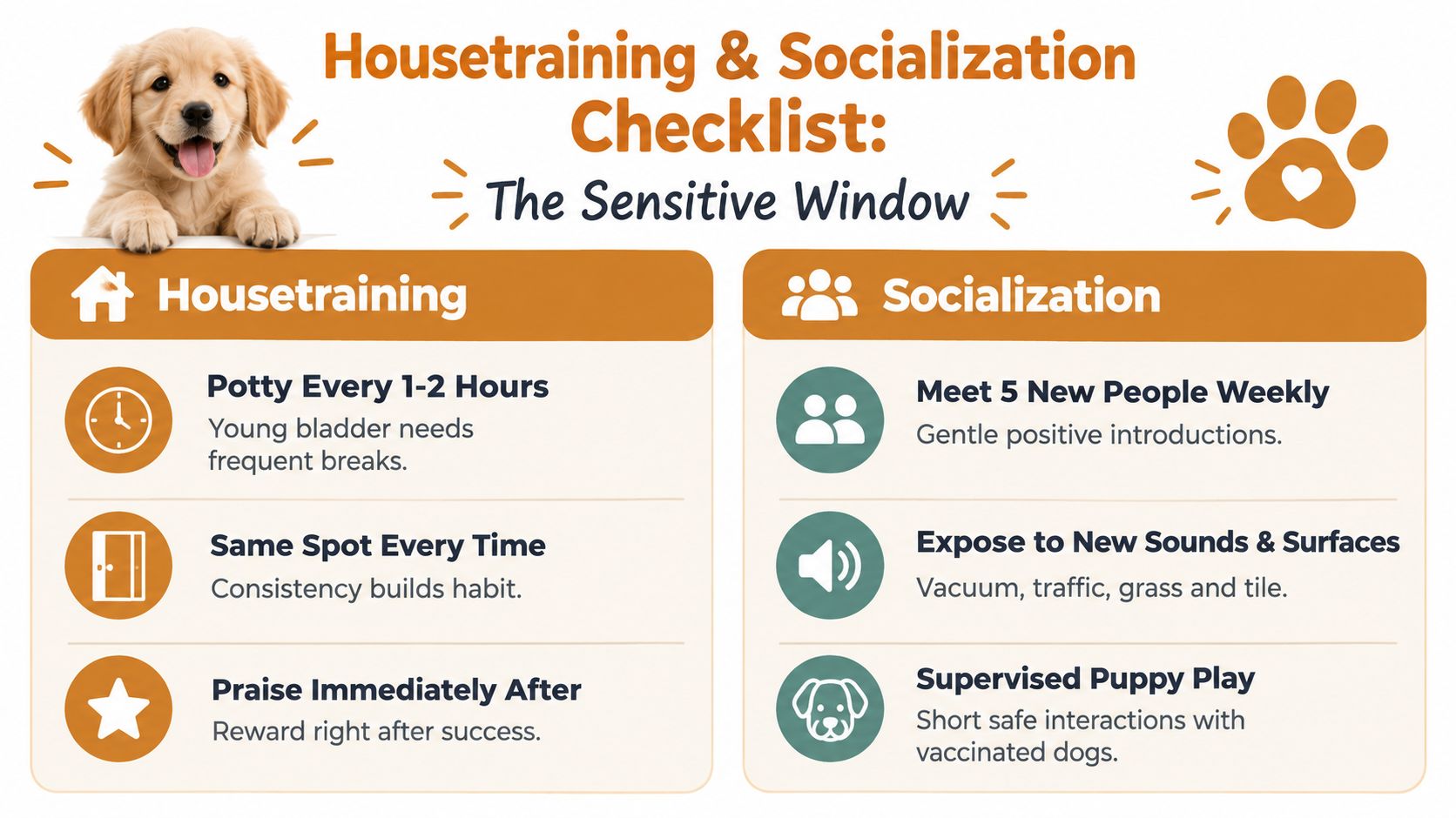 Un'infografica utile intitolata Lista di controllo per l'addestramento domestico e la socializzazione dei cuccioli che mostra suggerimenti per l'addestramento in bagno e lo sviluppo sociale.