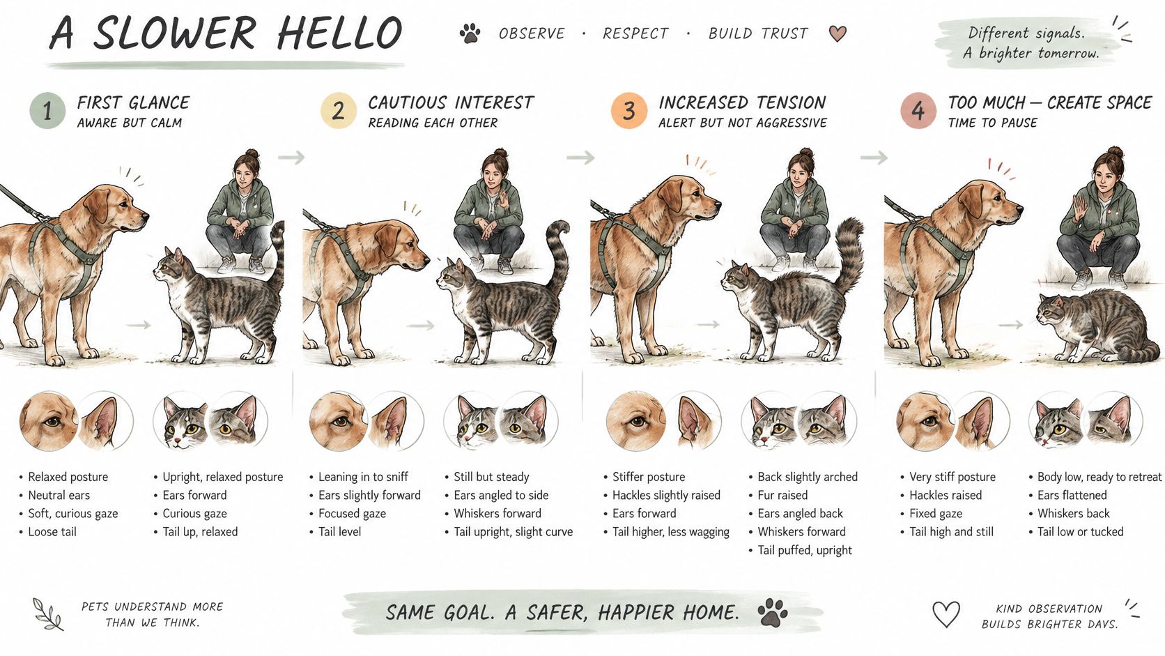Un'infografica che mostra quattro fasi di segnali del linguaggio del corpo durante un'introduzione sicura tra cane e gatto.