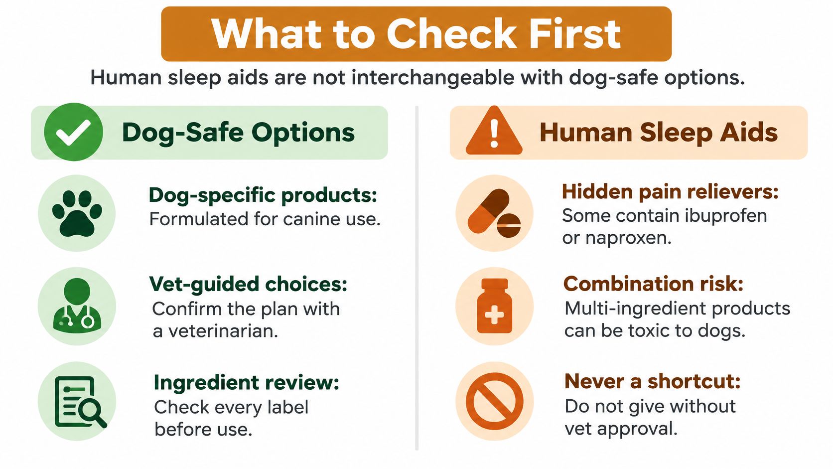 A safety infographic titled What to Check First, comparing safe dog sleep aids with dangerous human medication.