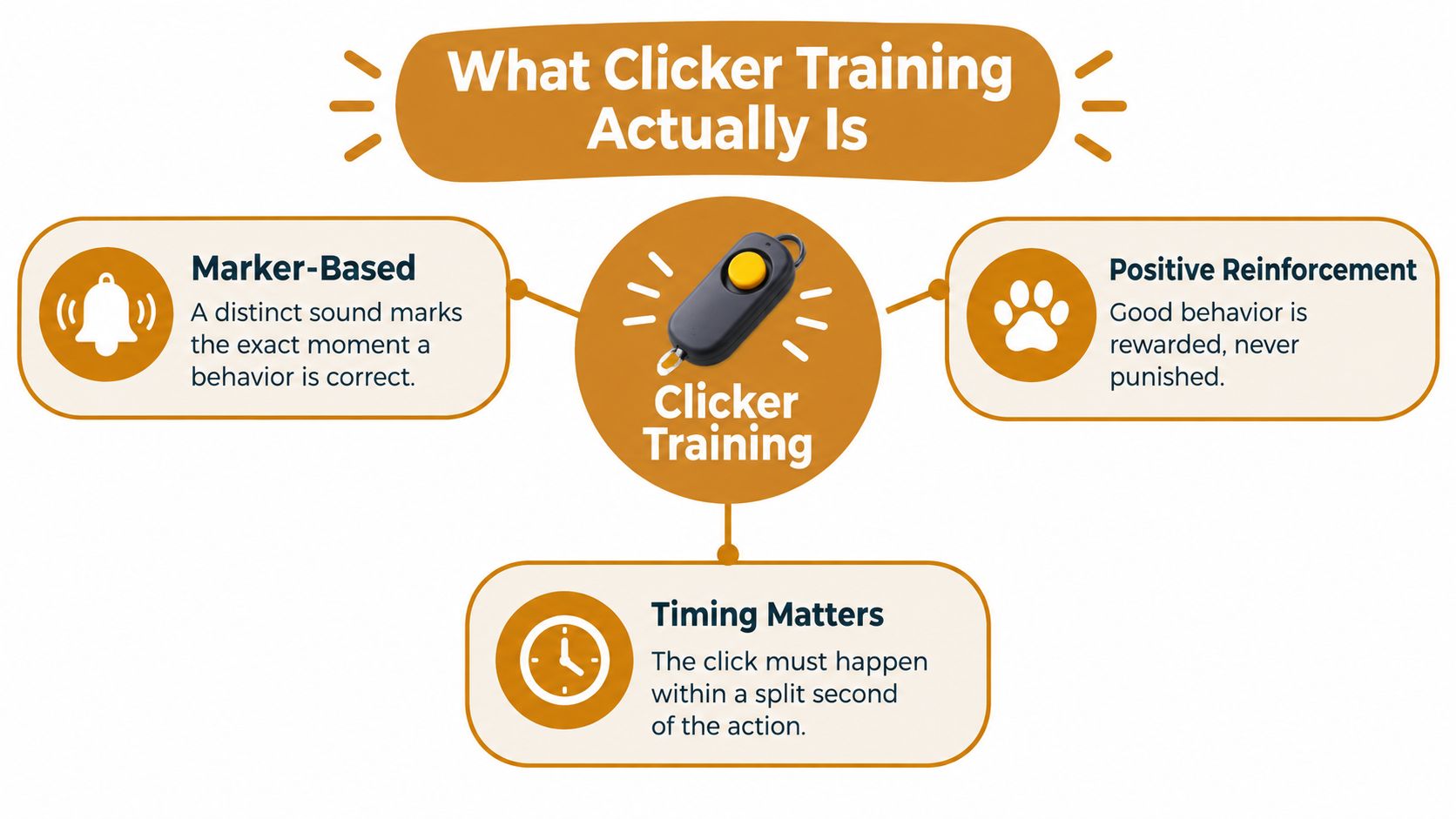 A diagram explaining clicker training for dogs as a marker-based, positive reinforcement method where timing is crucial.