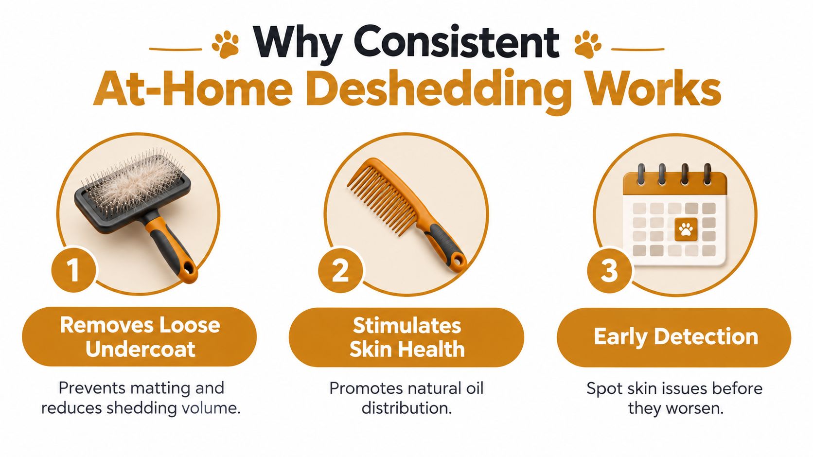 An infographic showing three steps for dog deshedding including using a slicker brush, a comb, and regular grooming sessions.