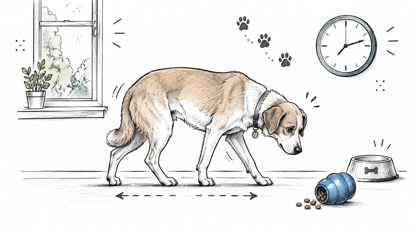 An illustration of a dog walking anxiously near a food toy, representing signs of dog separation anxiety.