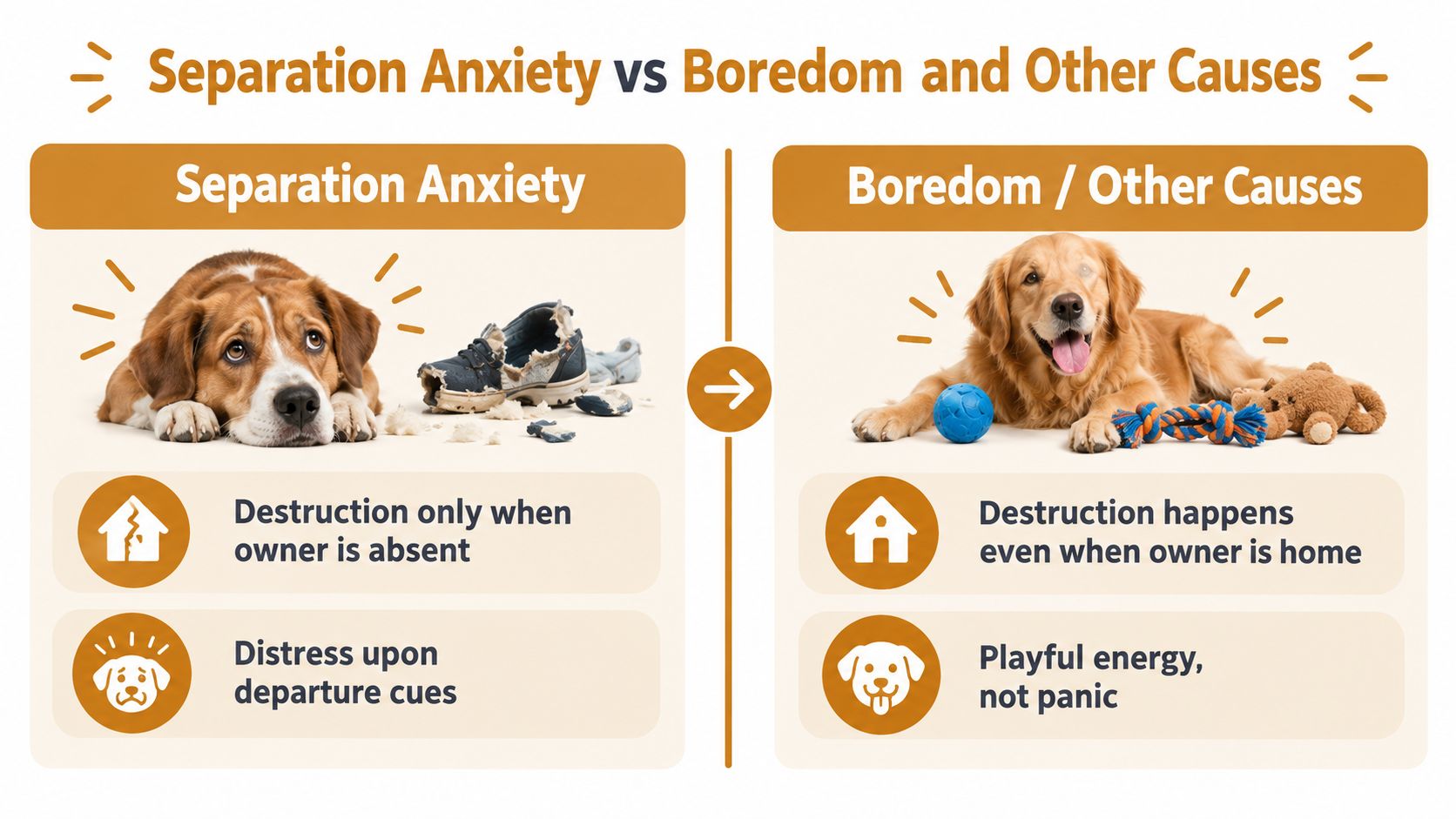 A comparison chart showing differences between dog separation anxiety and boredom-related destructive behaviors in pets.