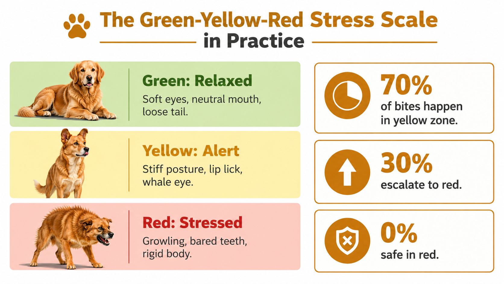 A visual guide explaining dog body language using a green, yellow, and red stress scale.