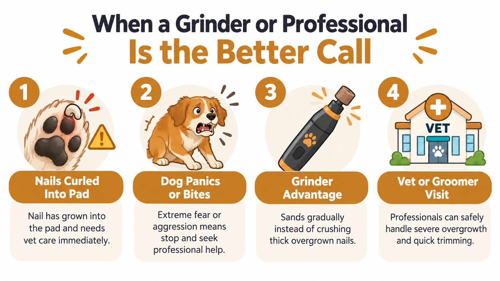An infographic showing four scenarios when to use a nail grinder or see a professional for dog nails.
