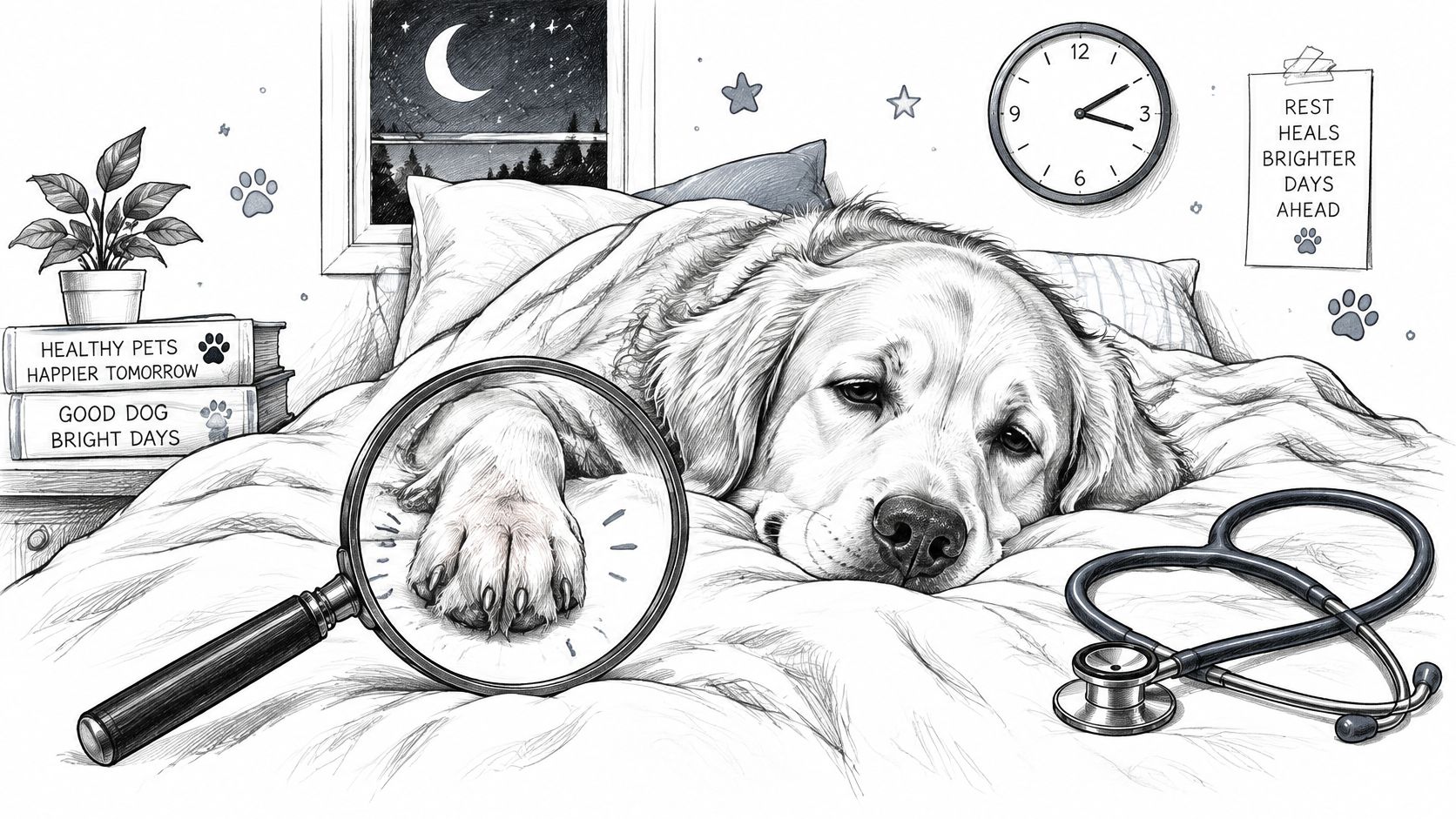 A sick dog resting in bed with a stethoscope nearby and a magnifying glass examining its paw.
