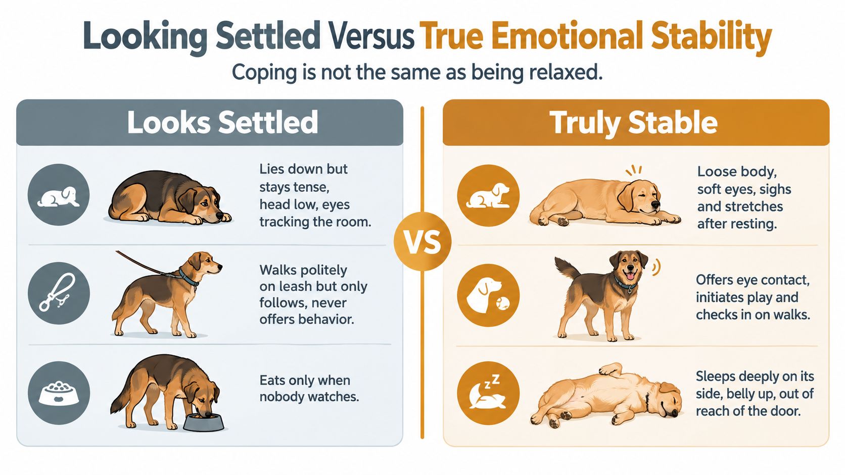 A comparison chart showing the difference between a dog that looks settled versus a truly stable dog.