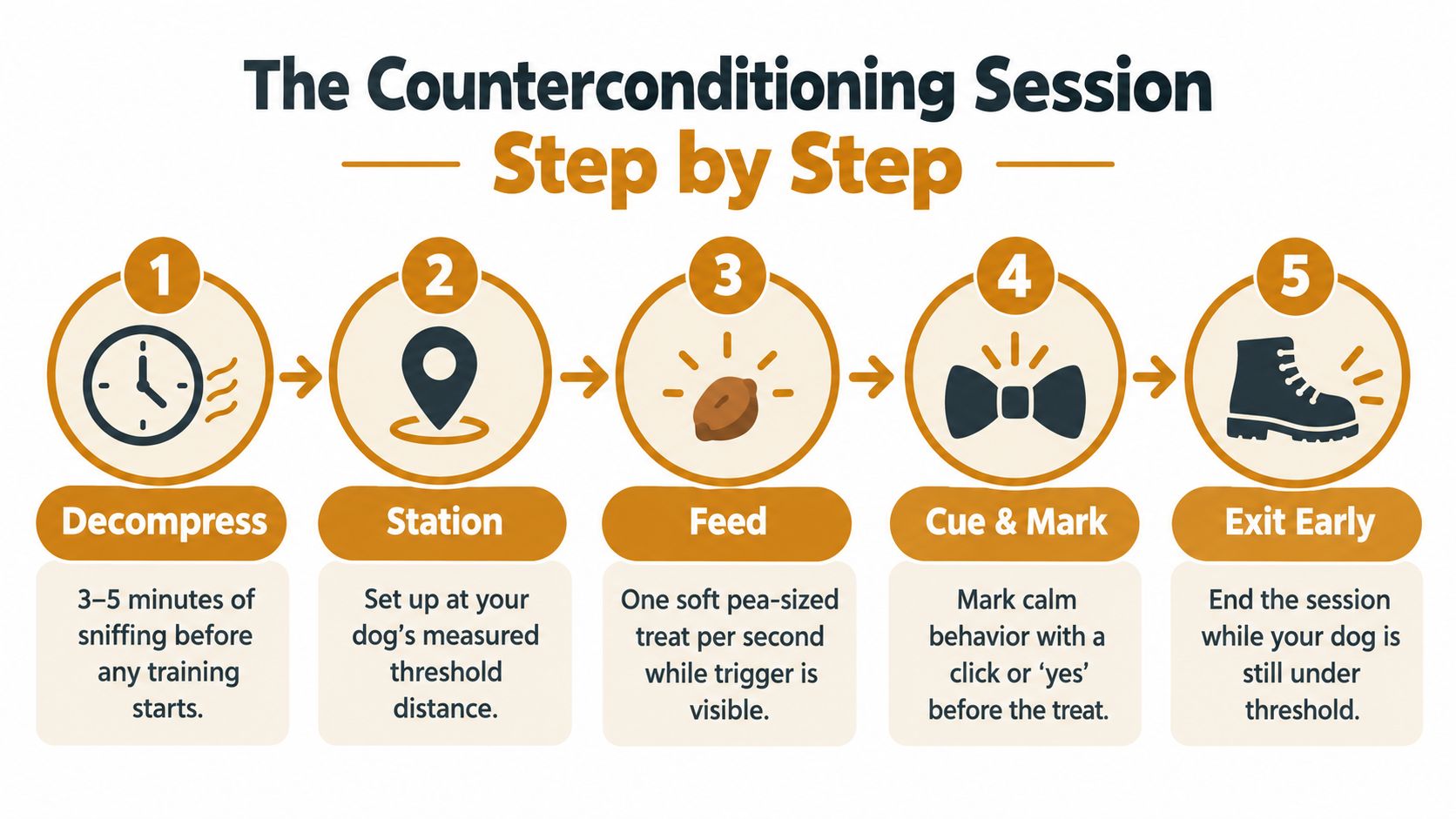 A five-step infographic guide detailing how to perform a counterconditioning session for reactive dog training.