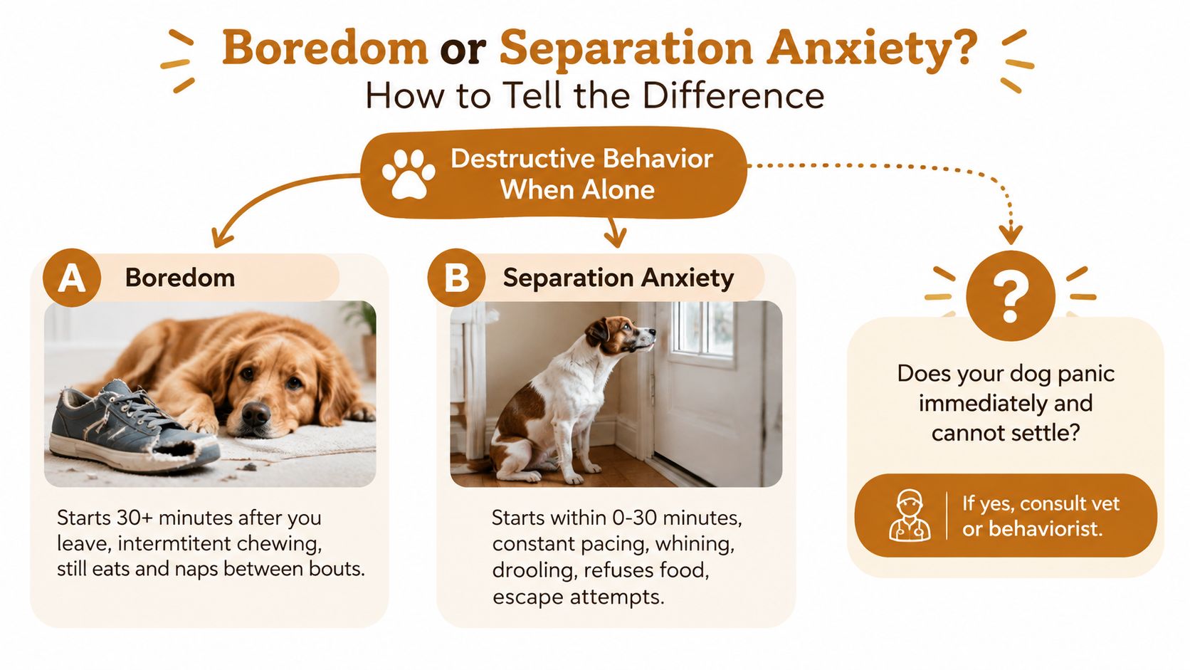 An infographic comparing dog behaviors to help owners distinguish between boredom and separation anxiety when home alone.