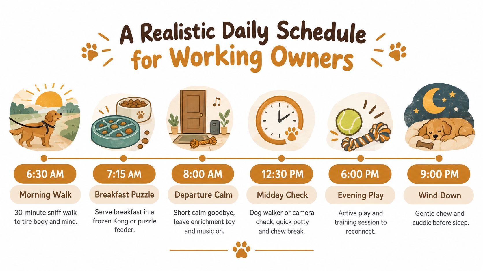 A visual schedule for dog owners who work, detailing daily routines from morning walks to bedtime.