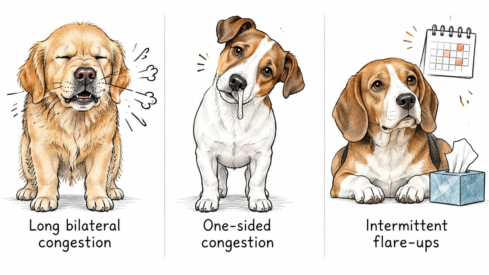Three different illustrations showing dogs with various nasal congestion symptoms including bilateral, one-sided, and intermittent flare-ups.