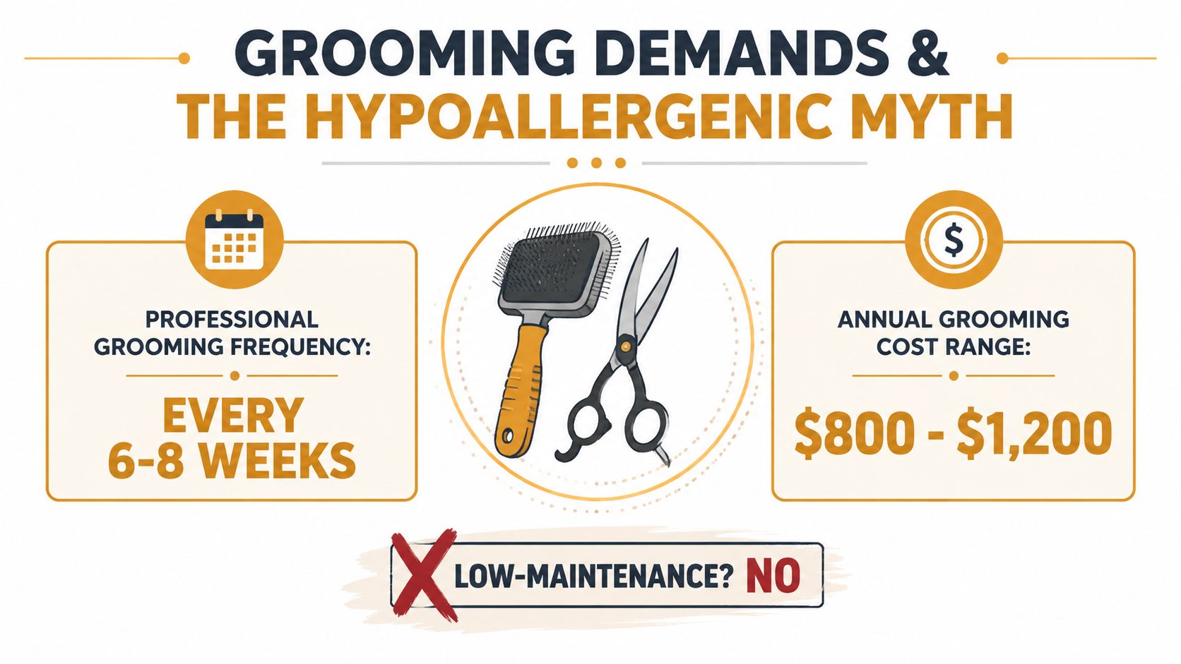 An infographic detailing the professional grooming requirements, costs, and high-maintenance nature of certain dog breeds.