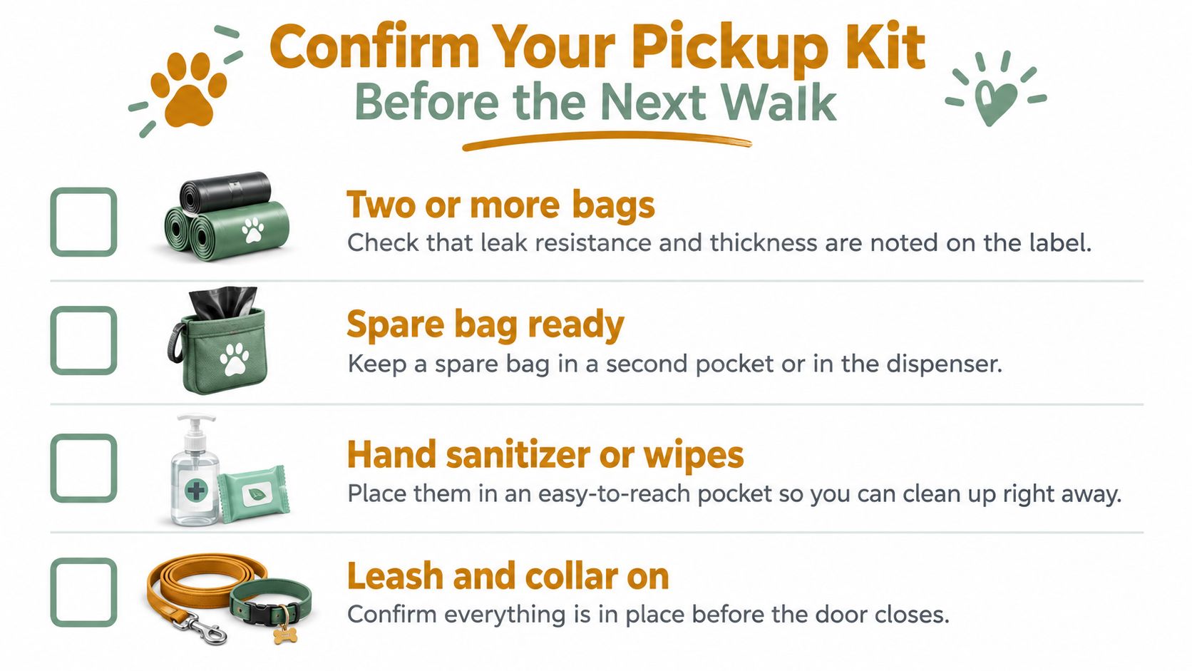 A checklist for dog owners showing essential items to carry when taking a dog out for a walk.