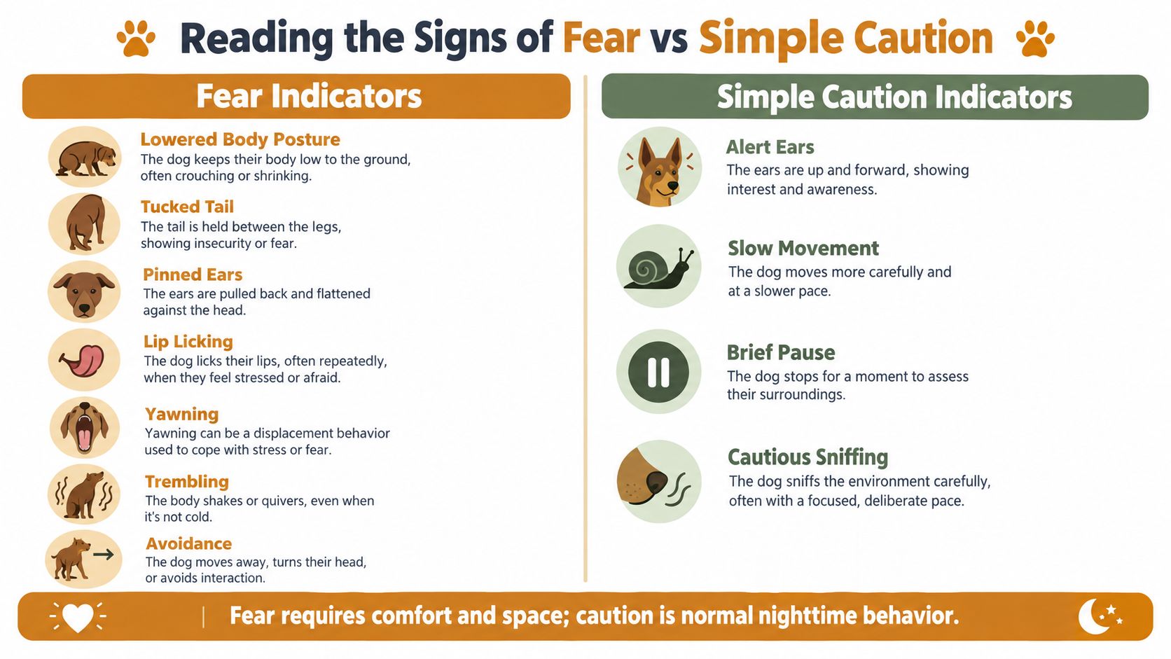 An infographic comparing dog body language for fear indicators versus simple caution for pet owners.