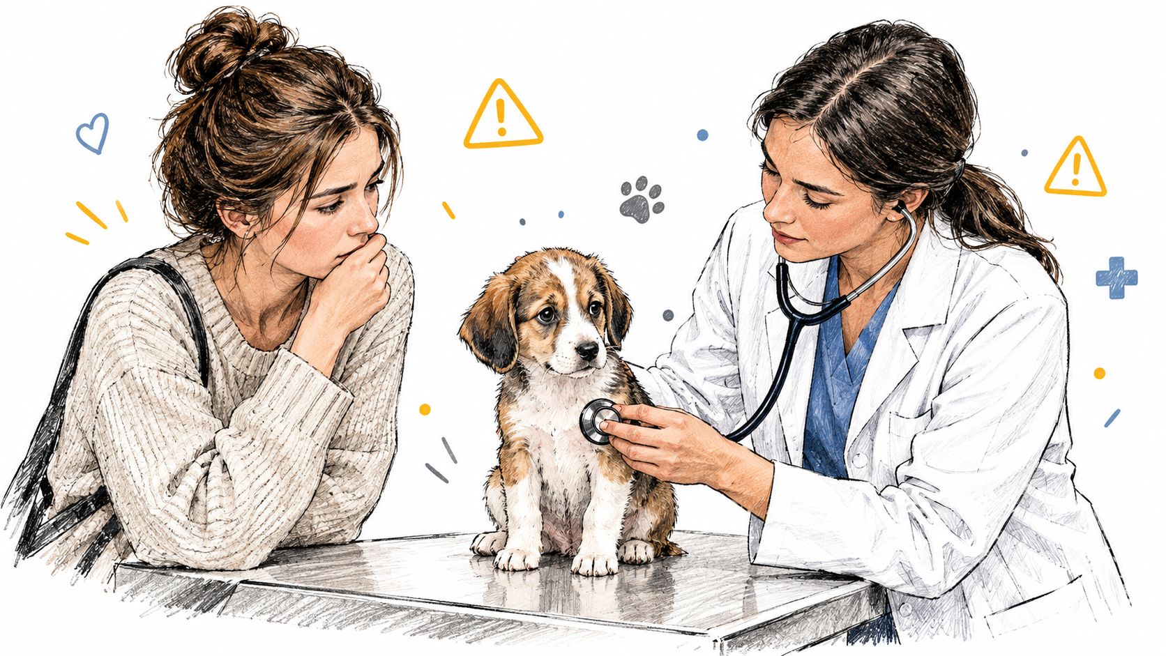 Un proprietario di animali domestici preoccupato osserva un veterinario che esegue un controllo della salute su un piccolo cucciolo utilizzando uno stetoscopio.