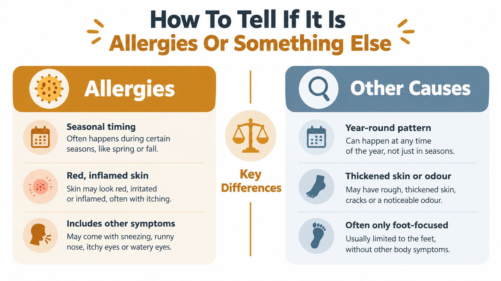 Un grafico di confronto che illustra le differenze chiave tra allergie della pelle e altre cause di irritazione del piede.