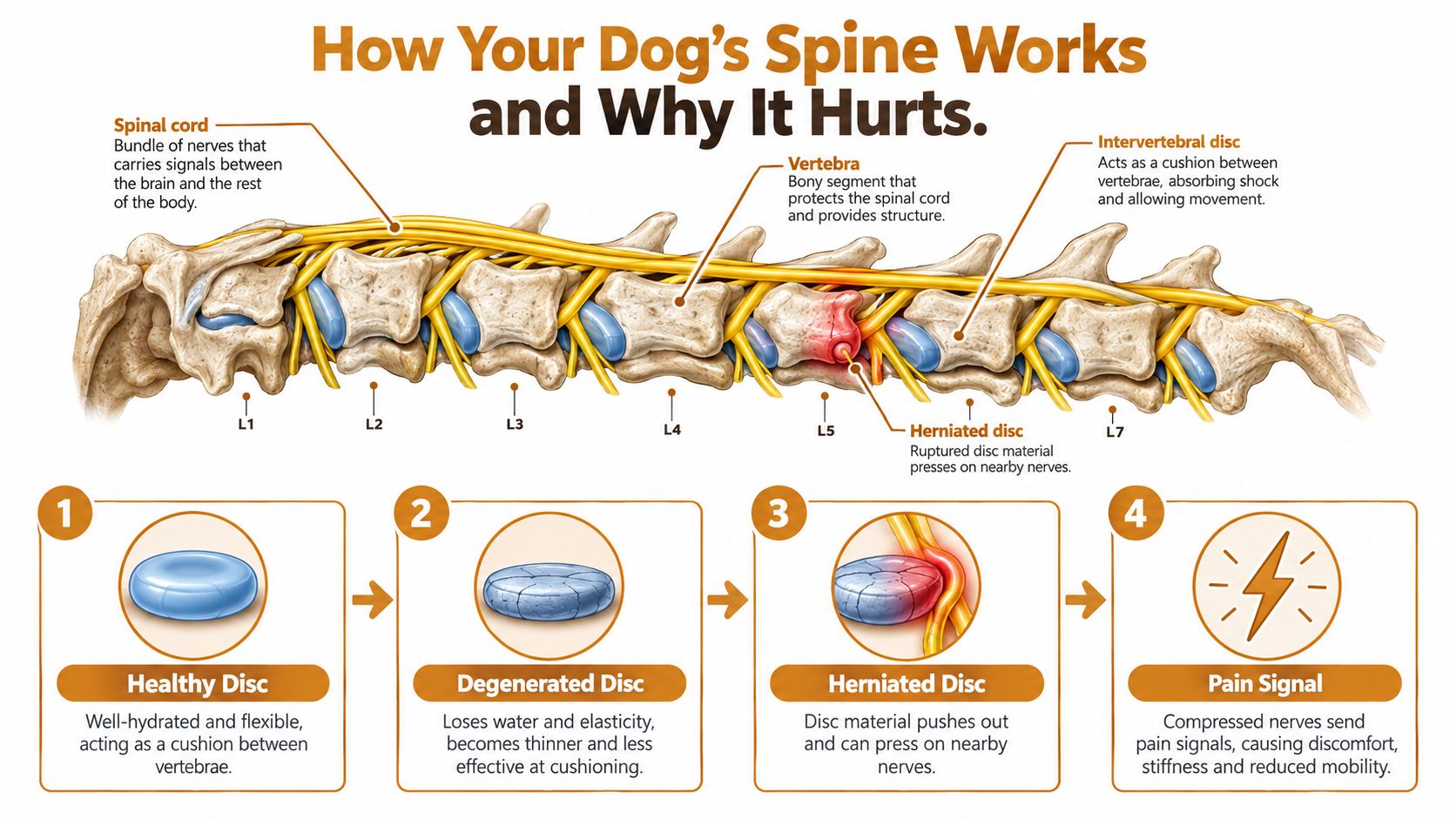 Un diagramma che spiega come funziona la spina dorsale di un cane e la progressione della malattia del disco intervertebrale.