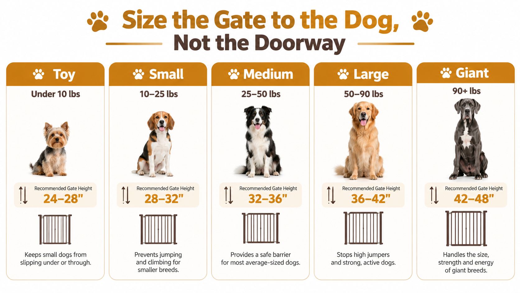 A chart showing recommended pet gate heights based on dog breed weight categories from toy to giant.