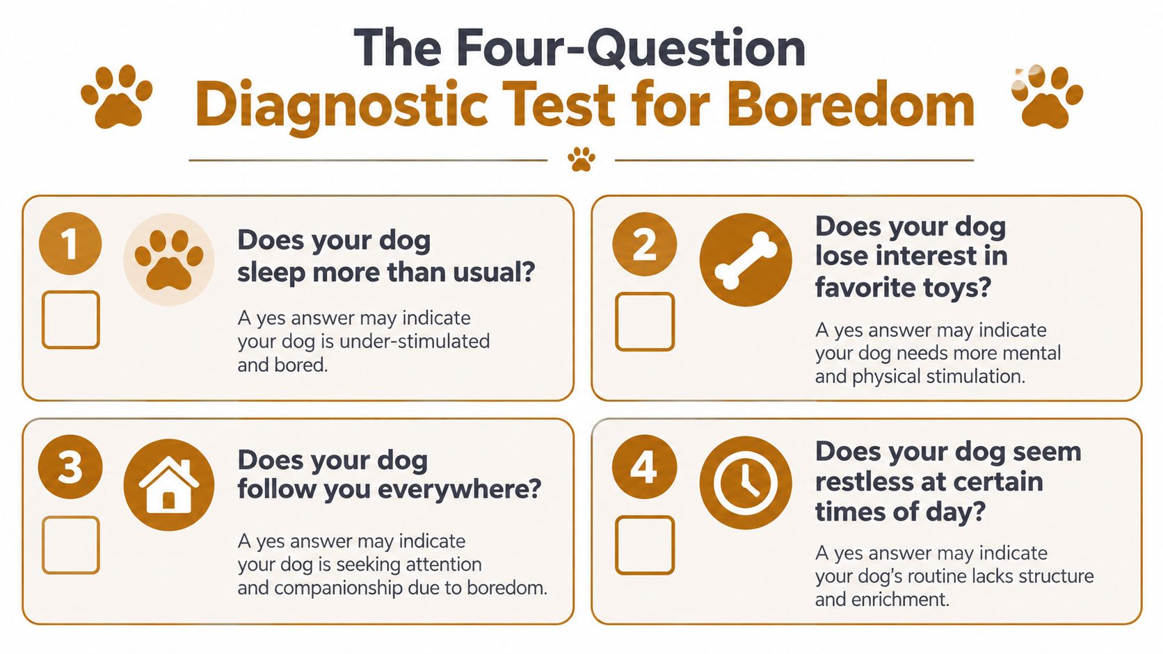 Un'infografica dal titolo Il test diagnostico delle quattro domande per la noia contenente quattro domande su come identificare la noia nei cani.