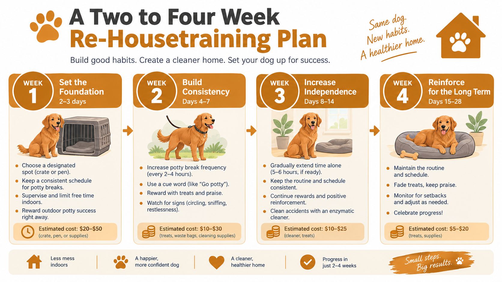 A four-week guide illustrating a professional plan for successfully re-housetraining a pet dog at home.