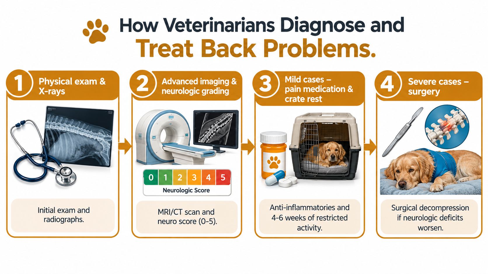 Un'infografica in quattro fasi che illustra come i veterinari diagnosticano e trattano i problemi alla schiena canina, inclusi esami e chirurgia.