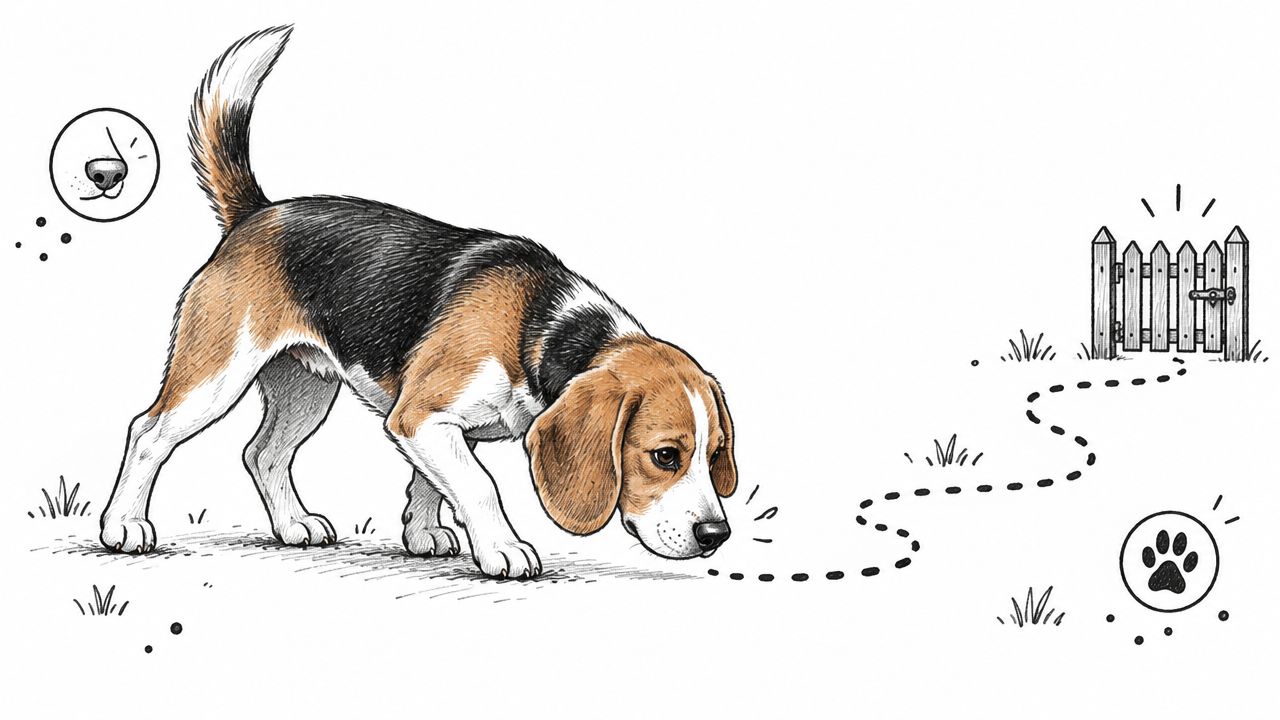 A Beagle dog following a scent trail leading towards a garden gate in a hand-drawn illustration style.