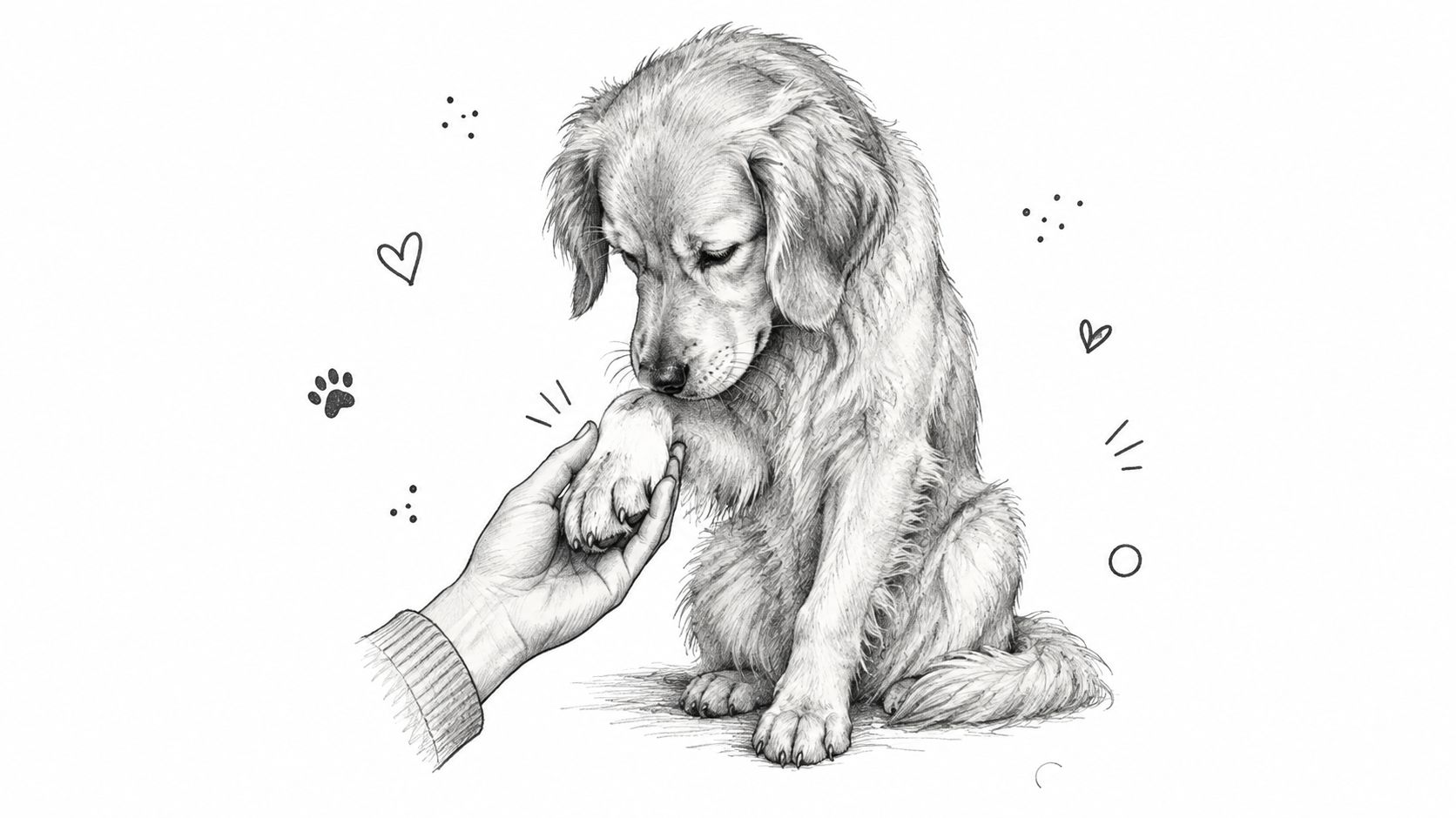 Uno schizzo a matita di una mano che tiene la zampa di un cucciolo, decorato con piccoli cuori e scarabocchi giocosi.