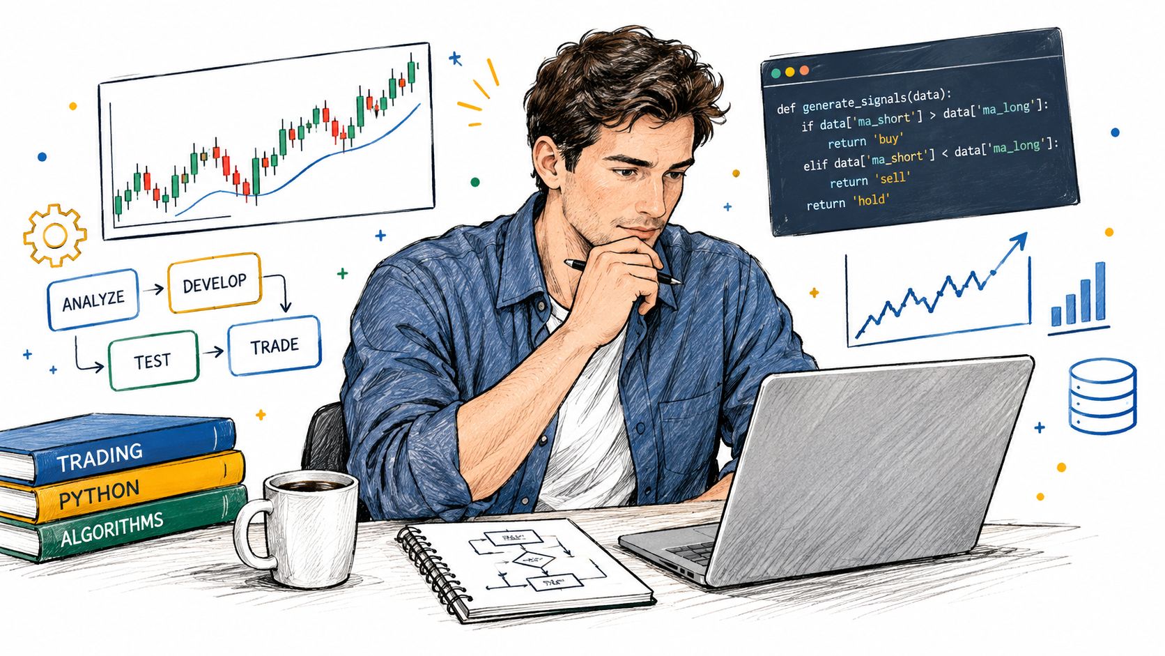 A young man sitting at a desk with a laptop, books, and charts for algorithmic trading development.