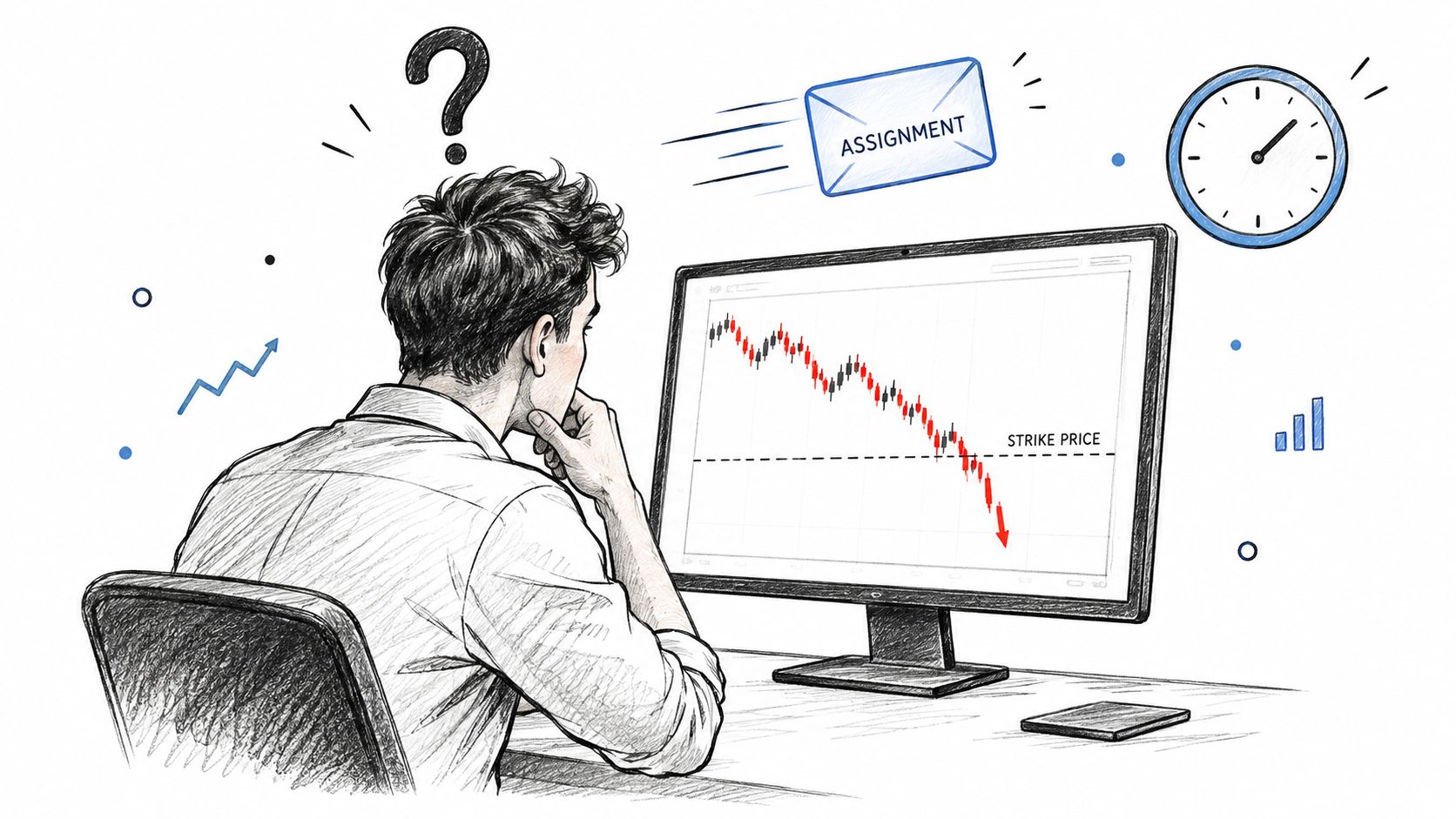 A concerned trader looking at a stock market chart falling below the strike price on a computer.
