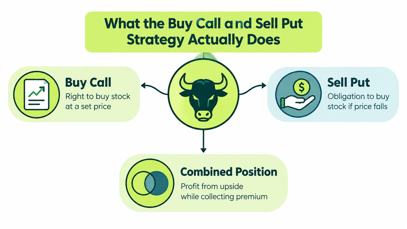 A diagram explaining the Buy Call and Sell Put strategy, showing benefits and combined trading position.