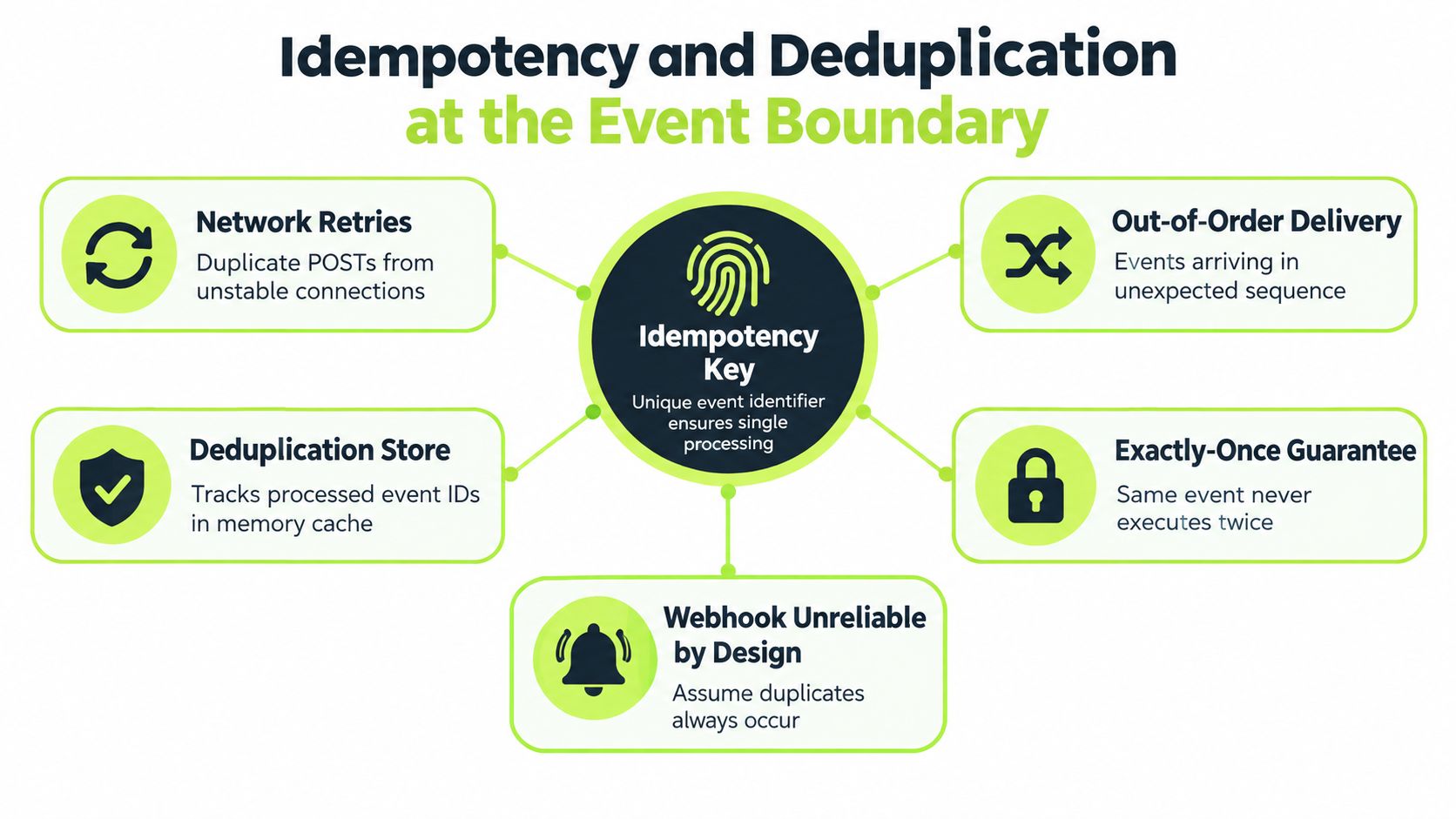 A diagram explaining how idempotency keys ensure deduplication and single processing for network events and webhooks.