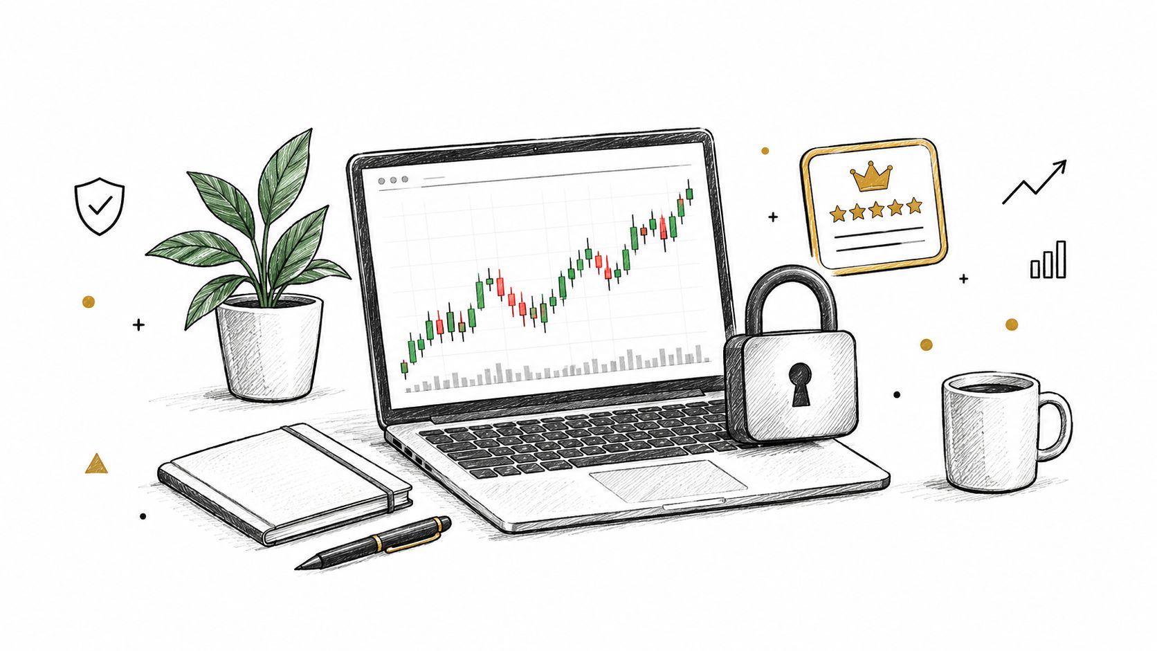 A hand-drawn illustration of a workspace featuring a laptop displaying stock charts, a plant, and a padlock.