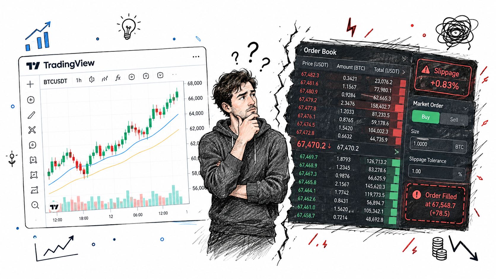 A contemplative trader stands between a TradingView stock chart and a crypto order book showing slippage.