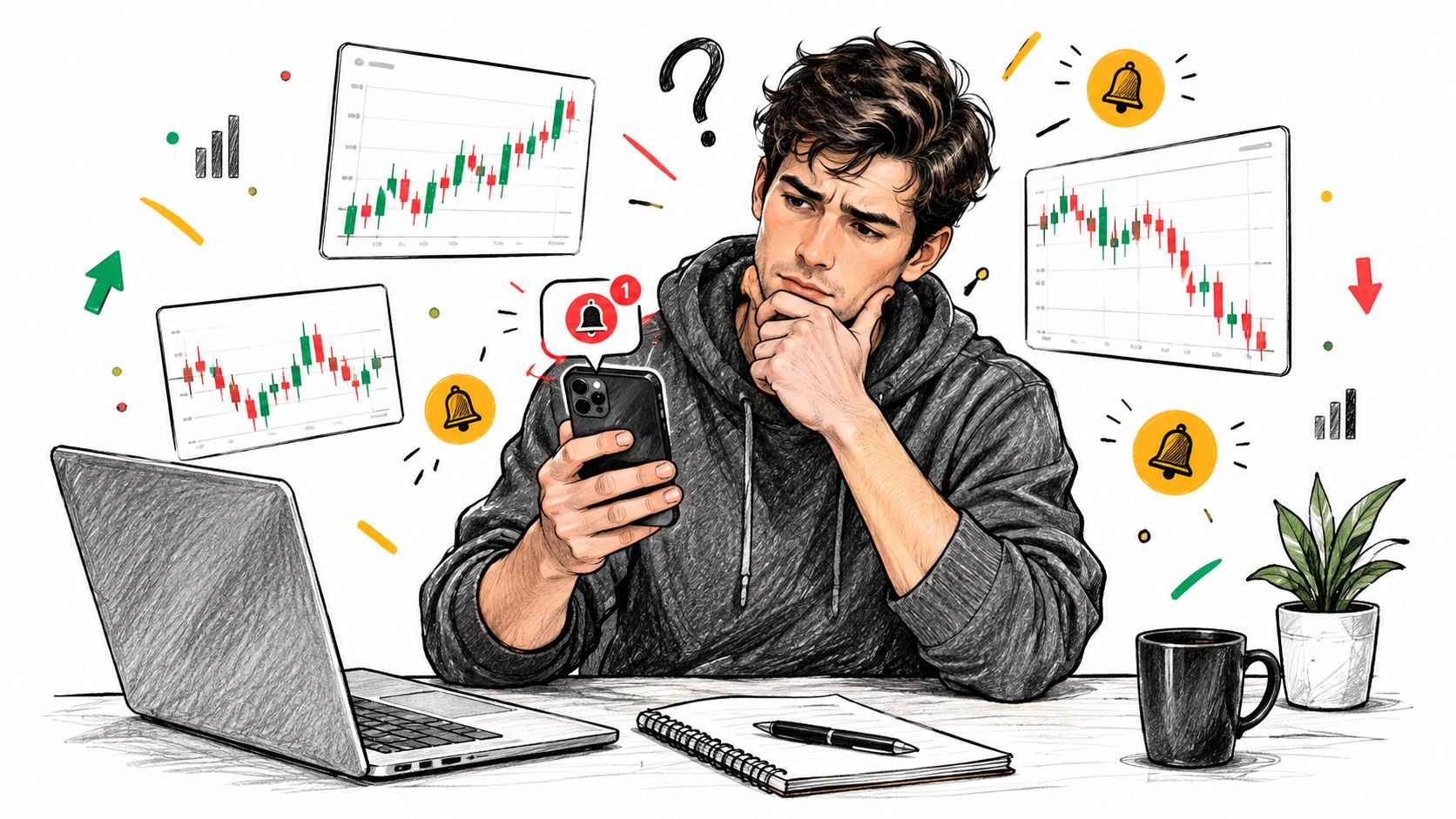 A focused man looking at his smartphone while checking live stock market trends on his laptop screen.