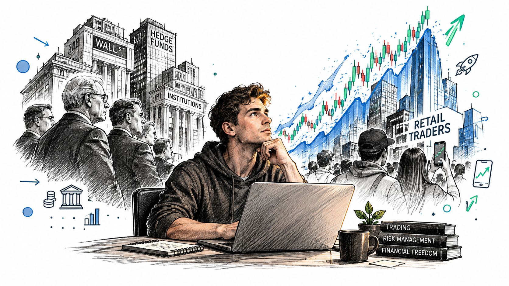 A young retail trader sits at a laptop, comparing institutional financial influence with individual market participation.