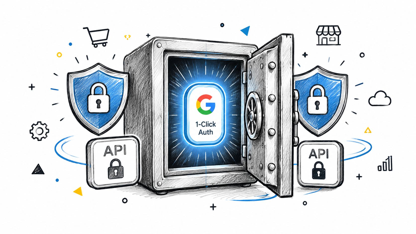 A digital illustration featuring a secure vault containing a Google 1-Click Auth button protected by shields.