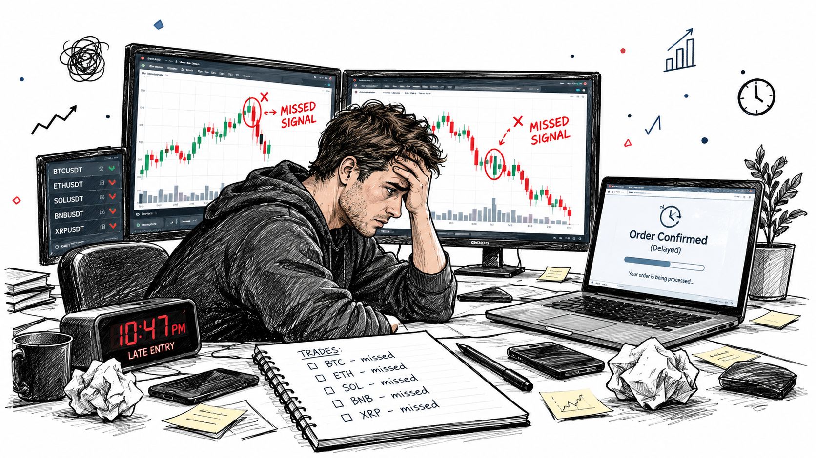 A stressed trader sitting at a cluttered desk with multiple screens showing missed cryptocurrency trading signals and delays.