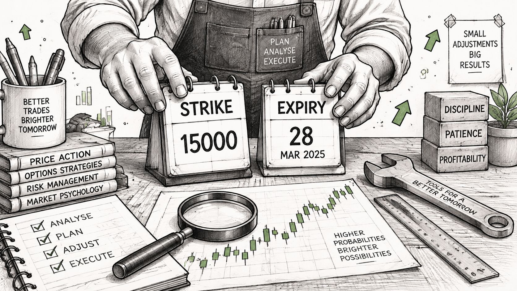 A professional desk setup illustrating financial trading concepts with charts, calendars, and organizational tools for strategy.