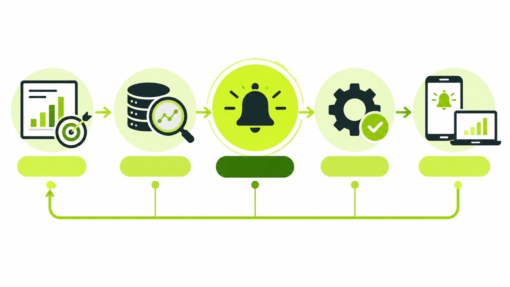 A five-step process diagram illustrating data analysis, database monitoring, alert notification, automated response, and cross-platform reporting.