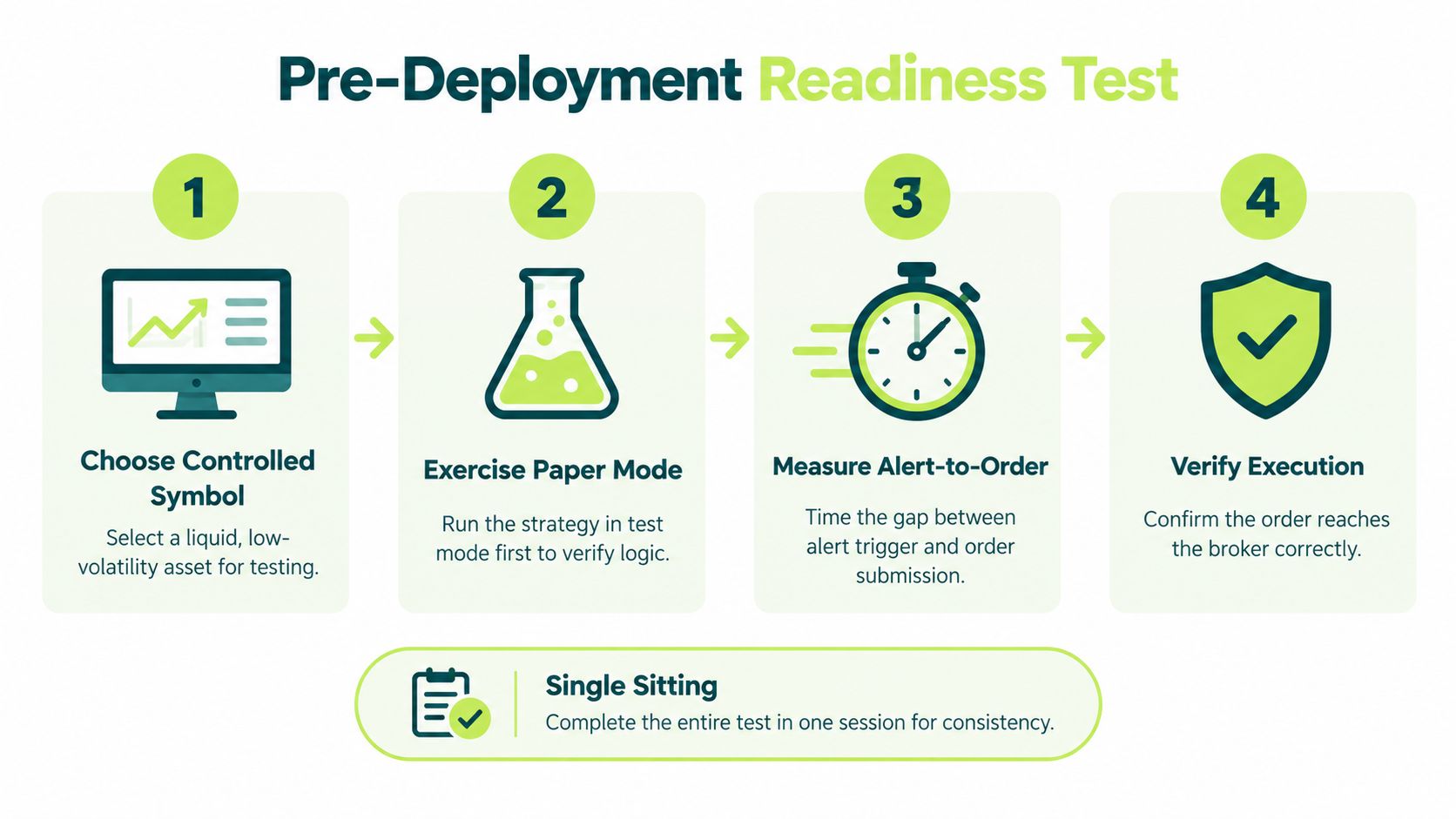 A four-step infographic showing a pre-deployment readiness test for algorithmic trading strategies, displayed as a flow diagram.