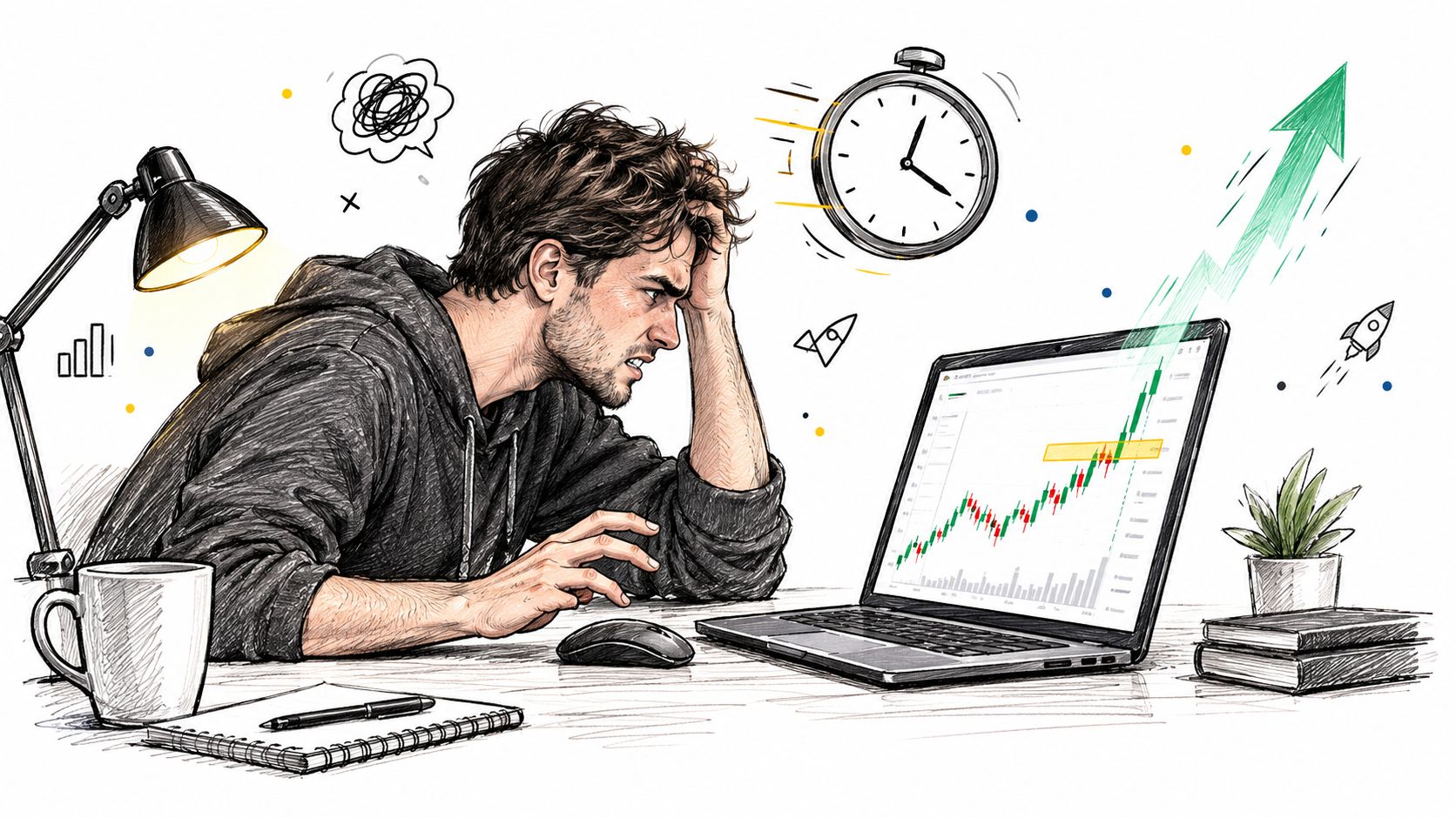 A stressed trader looking at a rising stock market chart on a laptop screen while working.
