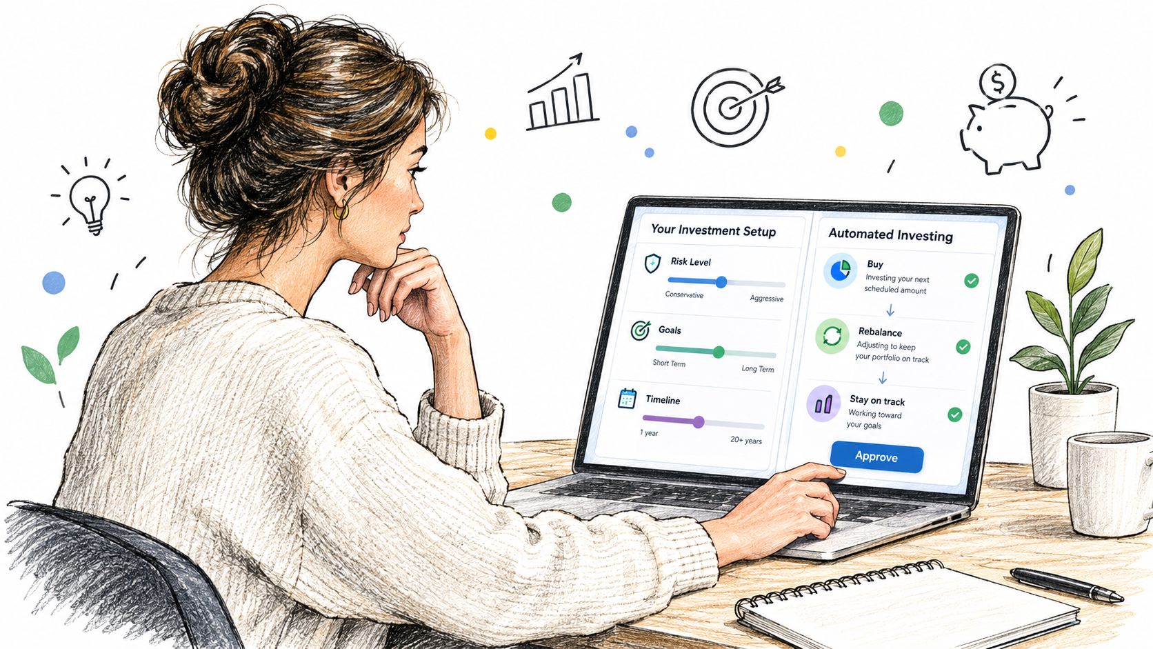 A woman reviewing her automated investment portfolio setup and strategy on a laptop screen while working at home.