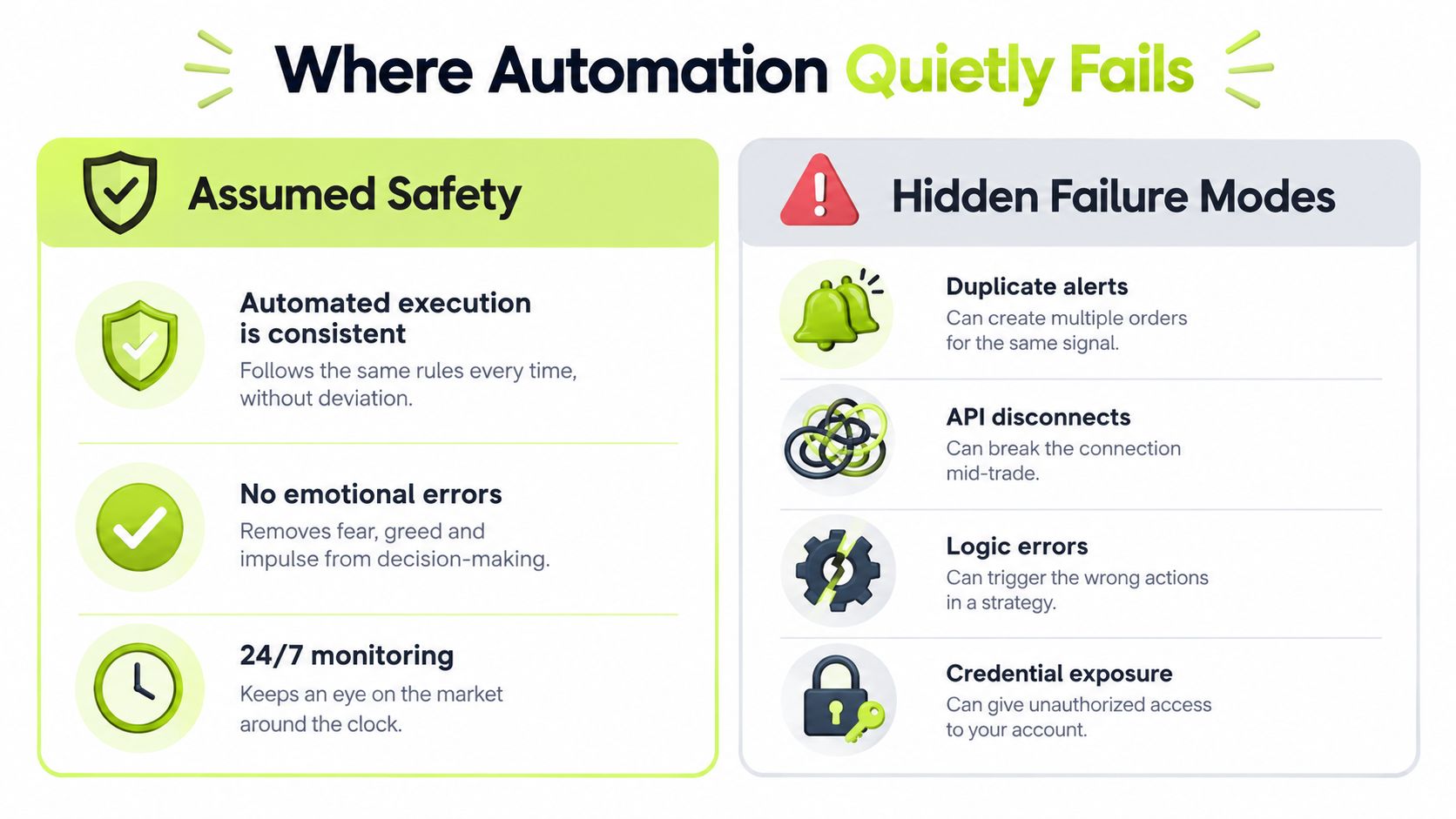 A comparison infographic showing assumed benefits of automation versus hidden failure modes in automated trading systems.