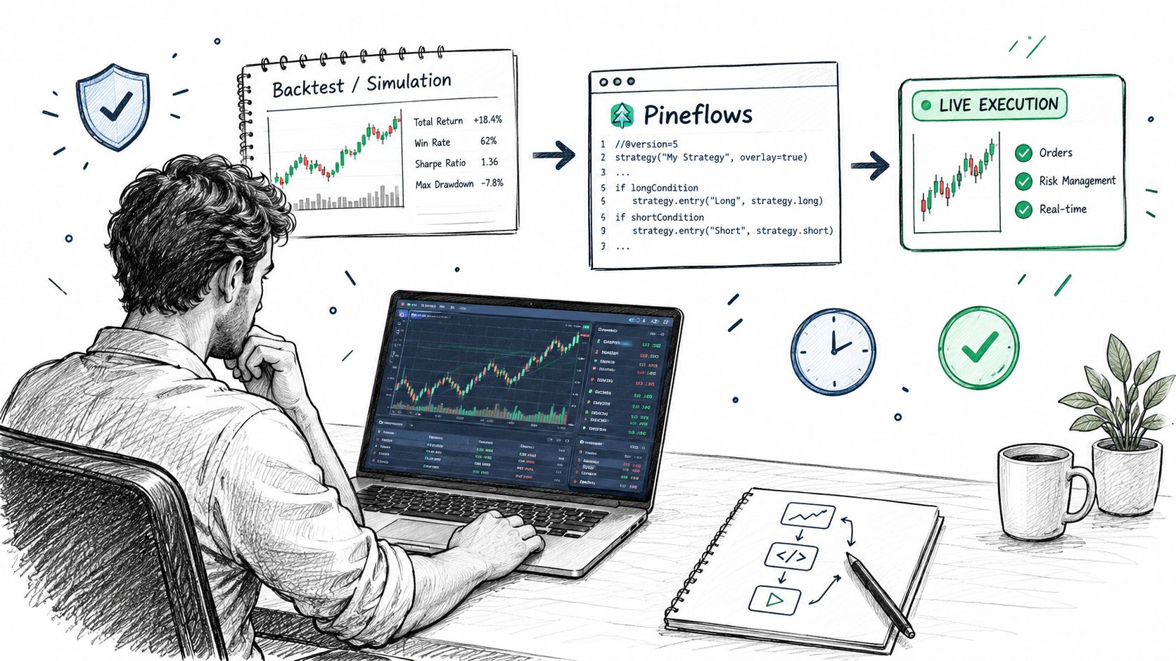 A professional trader sitting at a laptop developing and executing automated backtested trading strategies using Pineflows software.